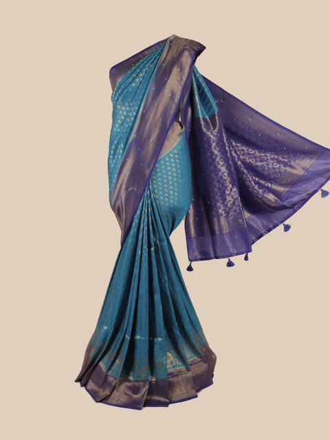 

Pothys Blue & Gold-Toned Ethnic Motifs Mirror Work Pure Silk Saree