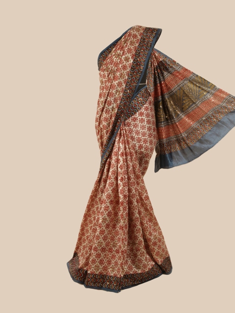 

Pothys Cream-Coloured & Red Floral Sequinned Pure Silk Saree