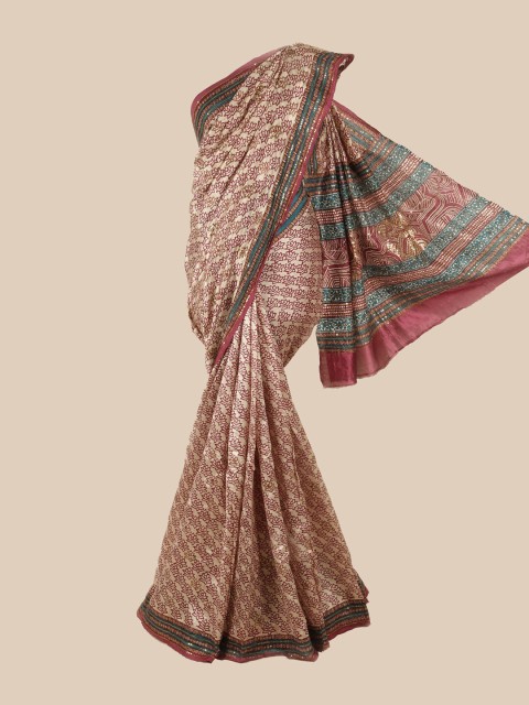 

Pothys Cream-Coloured & Maroon Floral Sequinned Pure Silk Saree