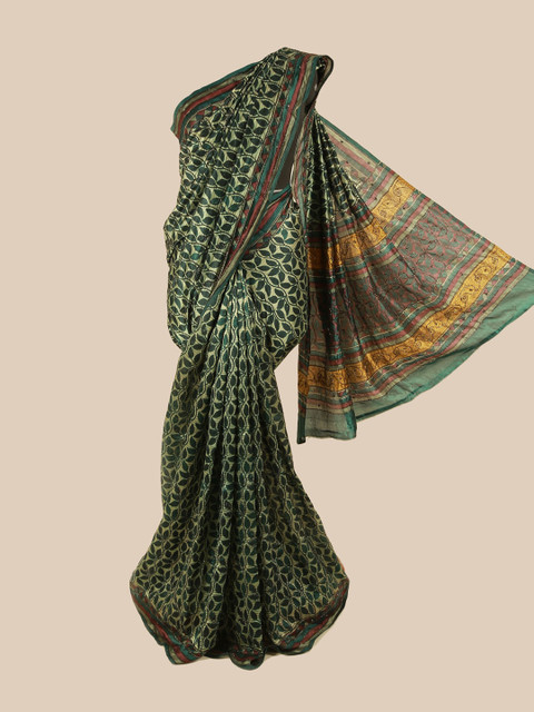 

Pothys Green & Brown Floral Zari Pure Silk Saree