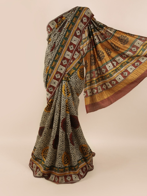 

Pothys Cream-Coloured & Green Floral Zari Pure Silk Saree