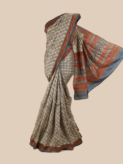 

Pothys Cream-Coloured & Grey Floral Sequinned Pure Silk Saree
