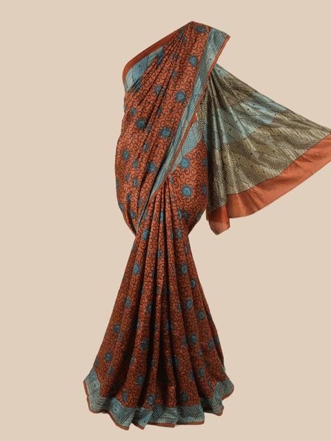 

Pothys Rust & Blue Floral Beads and Stones Pure Silk Saree