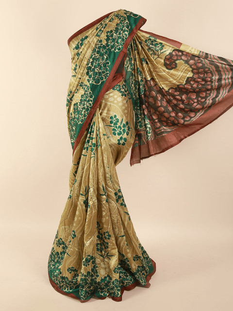 

Pothys Cream-Coloured & Green Floral Zari Pure Silk Saree