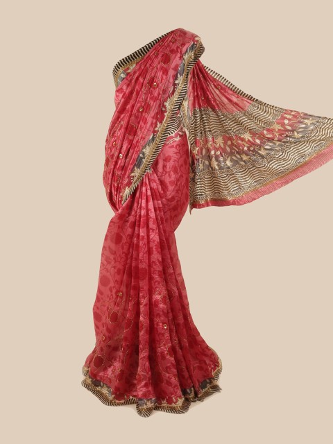 

Pothys Pink & Black Floral Zari Pure Silk Heavy Work Saree