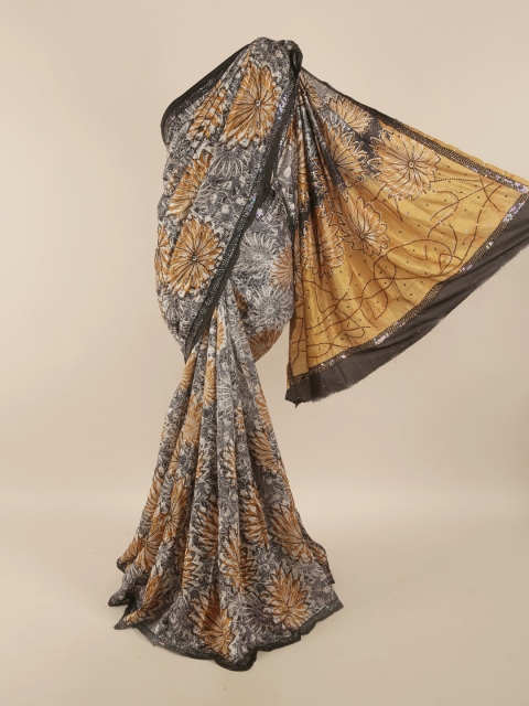 

Pothys Grey & Yellow Floral Zari Pure Silk Saree
