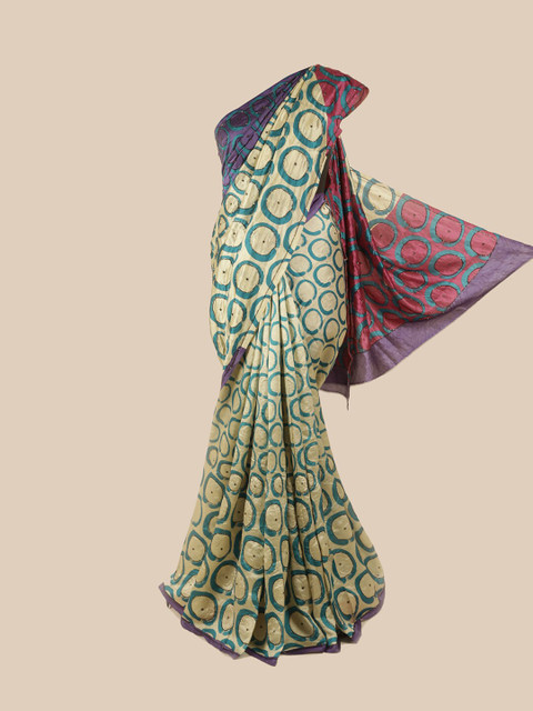 

Pothys Cream-Coloured & Purple Beads and Stones Pure Silk Saree