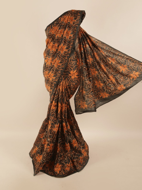 

Pothys Black & Orange Floral Zari Pure Silk Saree