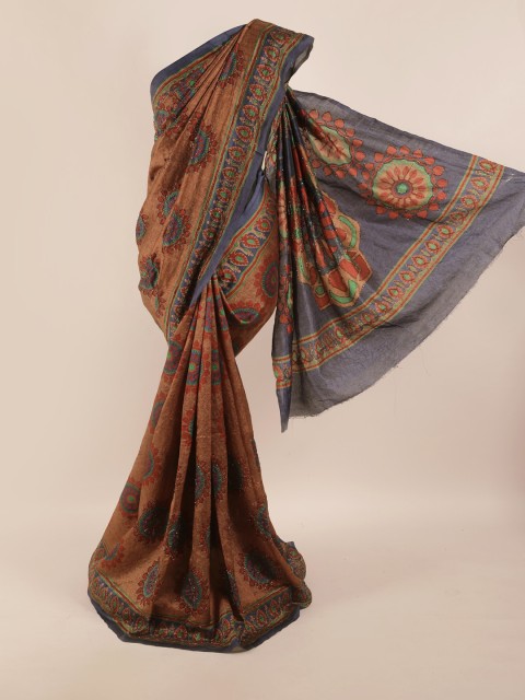 

Pothys Brown & Grey Floral Beads and Stones Pure Silk Saree