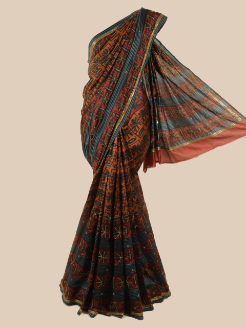 

Pothys Rust & Blue Floral Zari Pure Silk Saree
