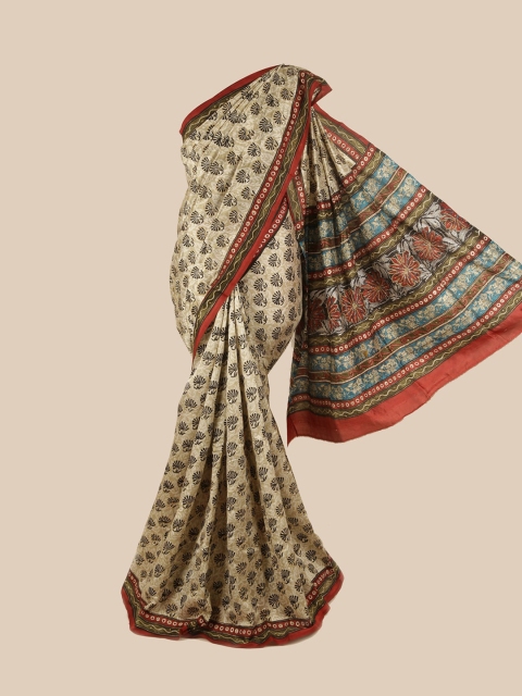 

Pothys Cream-Coloured & Black Floral Zari Pure Silk Saree