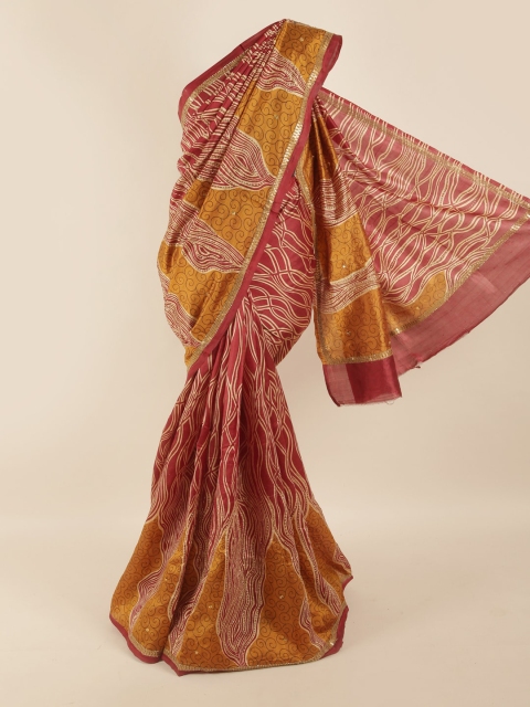 

Pothys Maroon & Yellow Floral Sequinned Pure Silk Saree