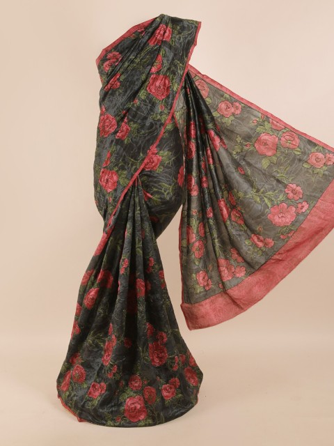 

Pothys Grey & Red Floral Embroidered Pure Silk Saree
