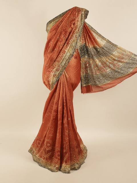 

Pothys Orange & Off White Floral Embroidered Pure Silk Saree