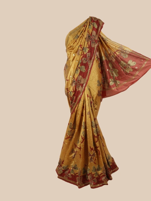 

Pothys Mustard & Red Floral Sequinned Pure Silk Saree