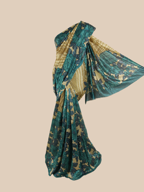 

Pothys Cream-Coloured & Blue Floral Embroidered Pure Silk Saree