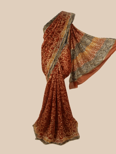 

Pothys Rust & Maroon Ethnic Motifs Sequinned Pure Silk Saree