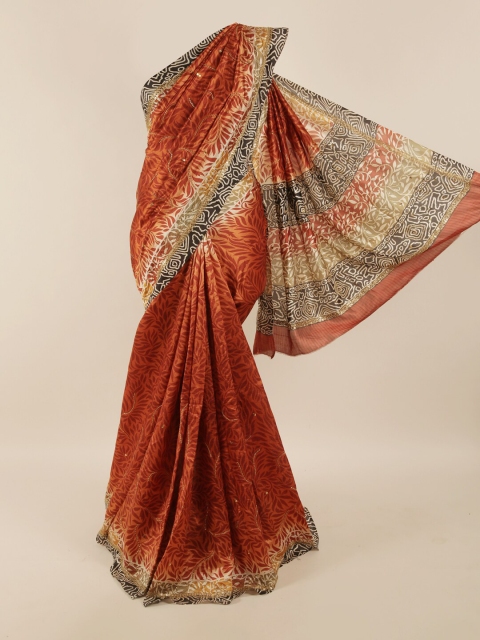 

Pothys Orange & Cream-Coloured Floral Embroidered Pure Silk Saree