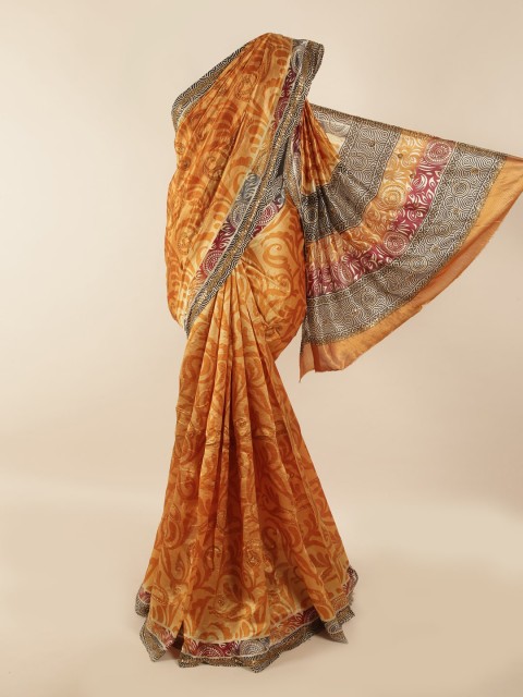 

Pothys Mustard & Off White Floral Embroidered Pure Silk Saree