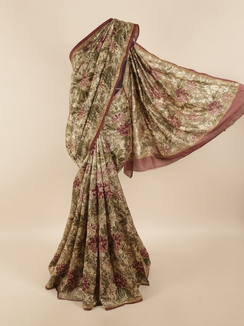 

Pothys Cream-Coloured & Green Floral Embroidered Pure Silk Saree
