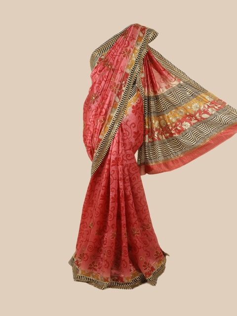 

Pothys Pink & Yellow Floral Embroidered Pure Silk Saree