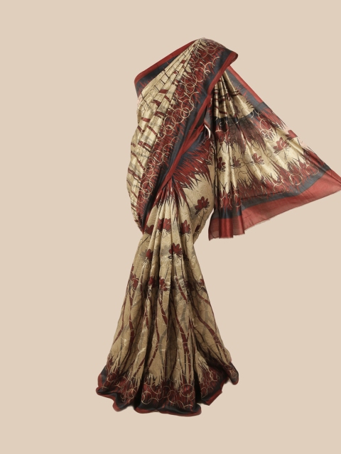 

Pothys Cream-Coloured & Black Floral Sequinned Pure Silk Saree