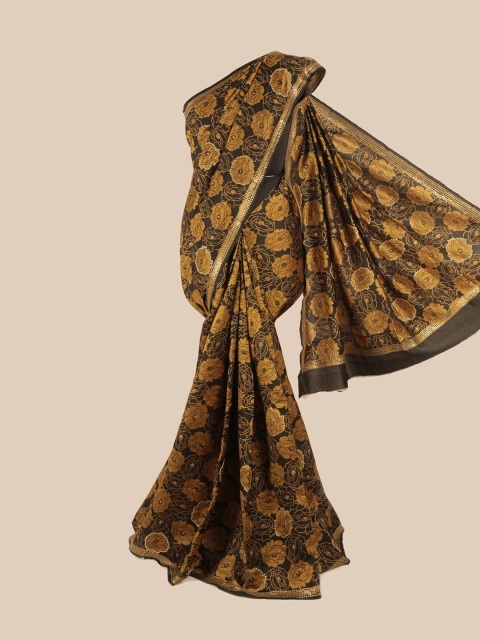 

Pothys Black & Gold-Toned Floral Sequinned Pure Silk Saree