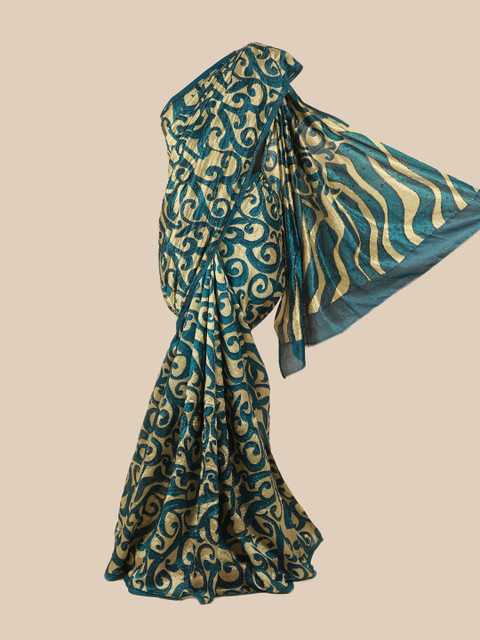 

Pothys Cream-Coloured & Teal Ethnic Motifs Embroidered Pure Silk Saree