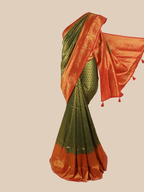 

Pothys Green & Orange Ethnic Motifs Zari Pure Silk Saree