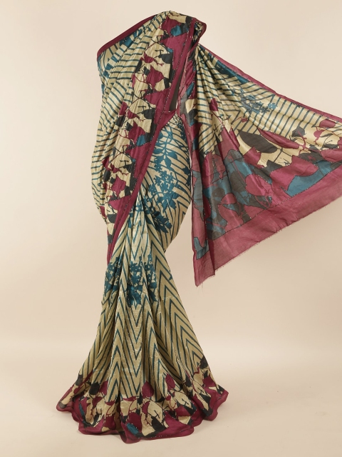 

Pothys Cream-Coloured & Pink Ethnic Motifs Embroidered Pure Silk Saree