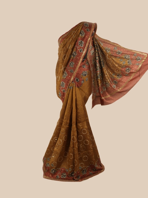 

Pothys Brown & Maroon Floral Embroidered Pure Silk Saree