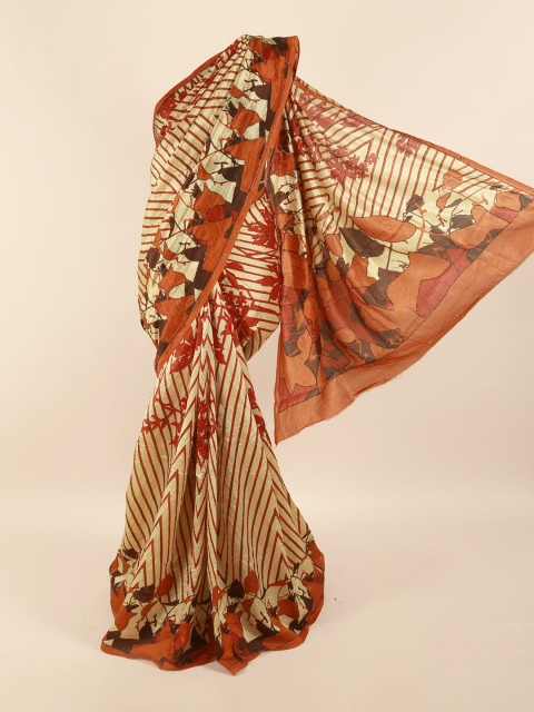 

Pothys Cream-Coloured & Orange Ethnic Motifs Embroidered Pure Silk Saree