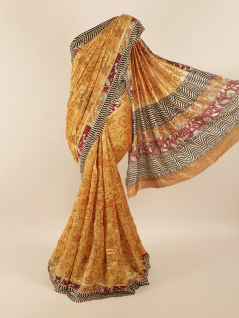 

Pothys Yellow & Brown Floral Embroidered Pure Silk Saree