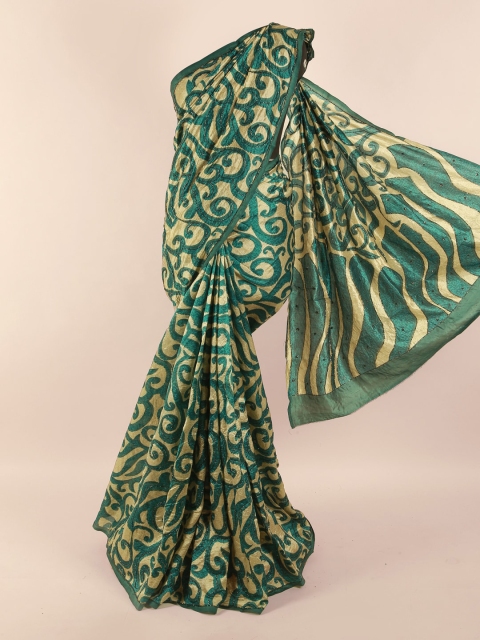 

Pothys Cream-Coloured & Sea Green Floral Embroidered Pure Silk Saree