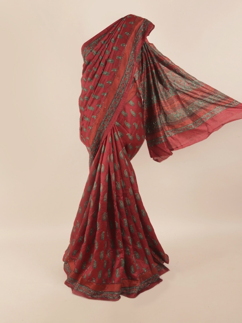 

Pothys Maroon & Green Paisley Embroidered Pure Silk Saree
