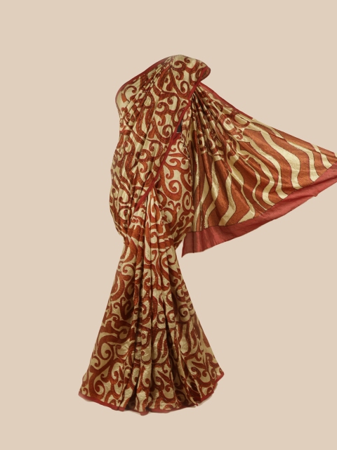 

Pothys Cream-Coloured & Brown Ethnic Motifs Embroidered Pure Silk Saree