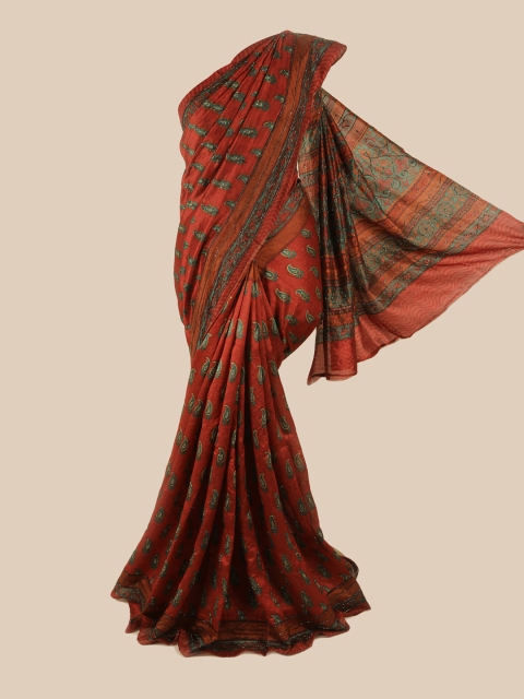 

Pothys Maroon & Green Paisley Embroidered Pure Silk Saree