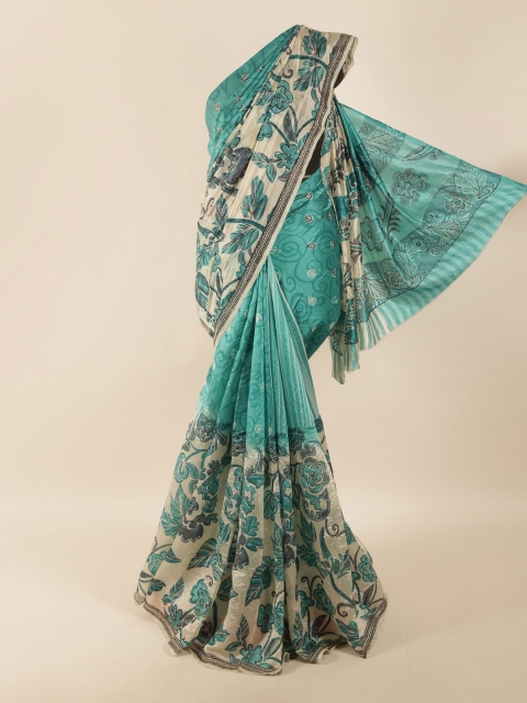 

Pothys Sea Green & Cream-Coloured Floral Embroidered Pure Silk Saree
