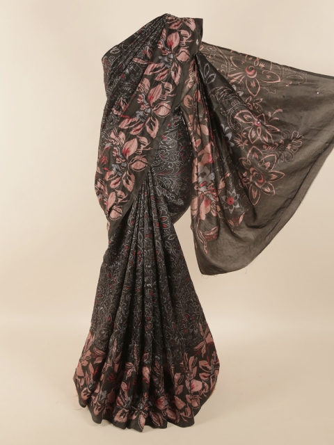 

Pothys Black & Pink Floral Beads and Stones Pure Silk Saree