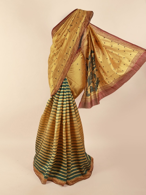 

Pothys Gold-Toned & Green Striped Beads and Stones Pure Silk Saree