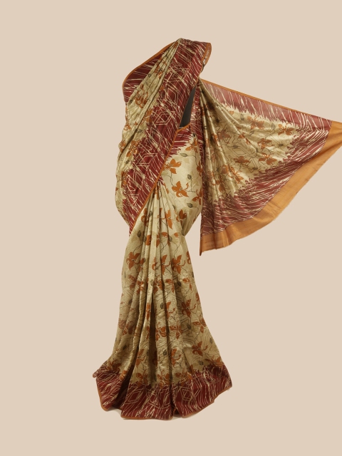 

Pothys Cream-Coloured & Brown Floral Beads and Stones Pure Silk Saree