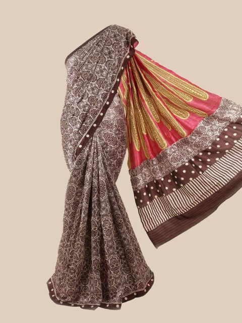 

Pothys Cream-Coloured & Brown Ethnic Motifs Pure Silk Saree