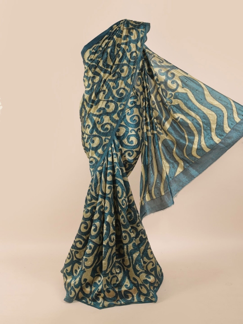 

Pothys Blue & Cream-Coloured Ethnic Motifs Beads and Stones Pure Silk Saree