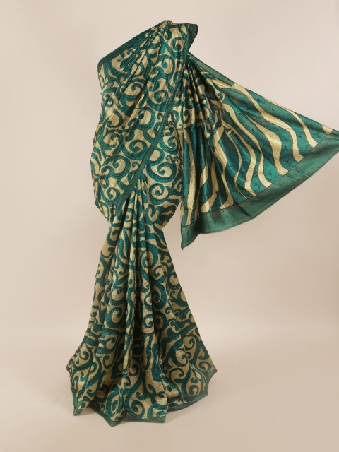 

Pothys Cream-Coloured & Green Ethnic Motifs Beads and Stones Pure Silk Saree