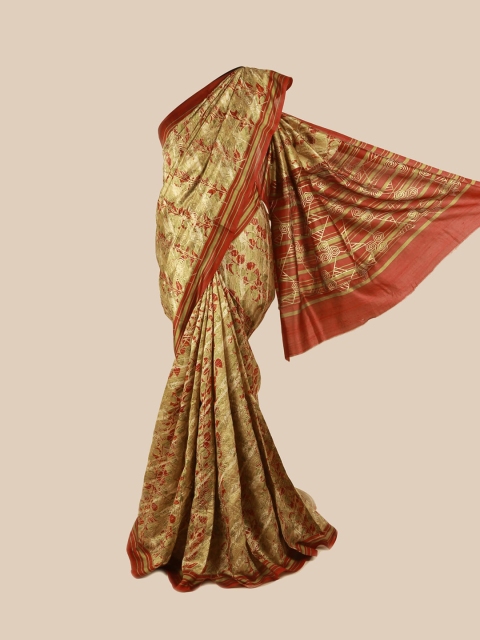 

Pothys Gold-Toned & Red Floral Embroidered Pure Silk Saree