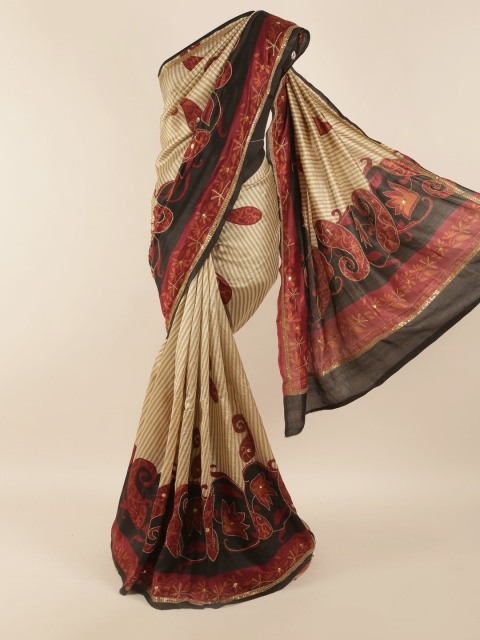 

Pothys Cream-Coloured & Red Paisley Embroidered Pure Silk Saree