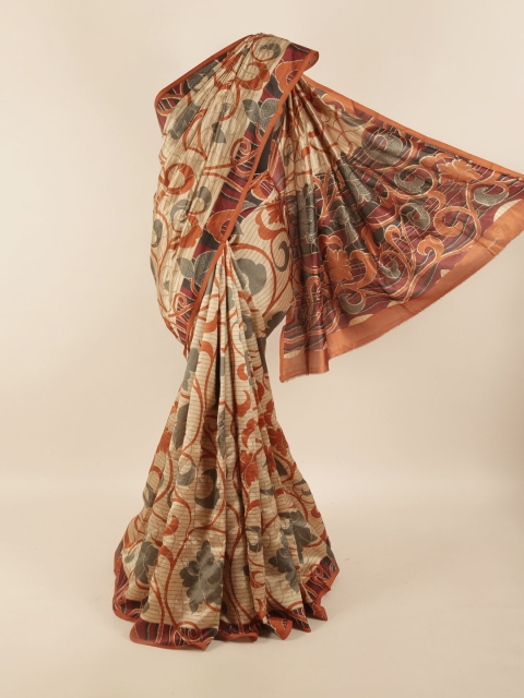 

Pothys Cream-Coloured & Orange Floral Embroidered Pure Silk Saree