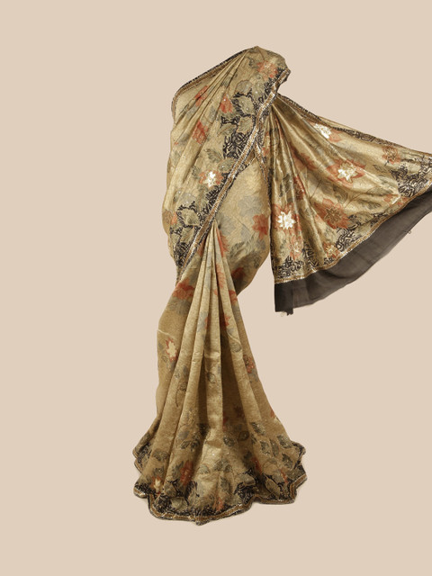 

Pothys Beige & Black Floral Beads and Stones Pure Silk Saree