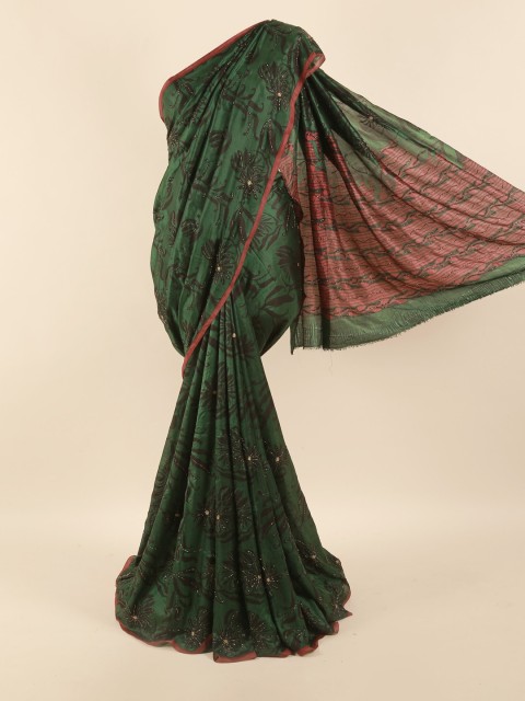 

Pothys Green & Black Floral Beads and Stones Pure Silk Saree
