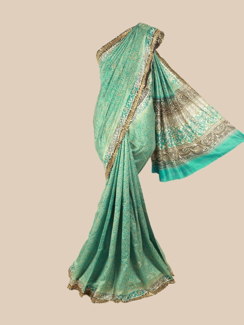 

Pothys Green & Gold-Toned Paisley Embroidered Pure Silk Saree